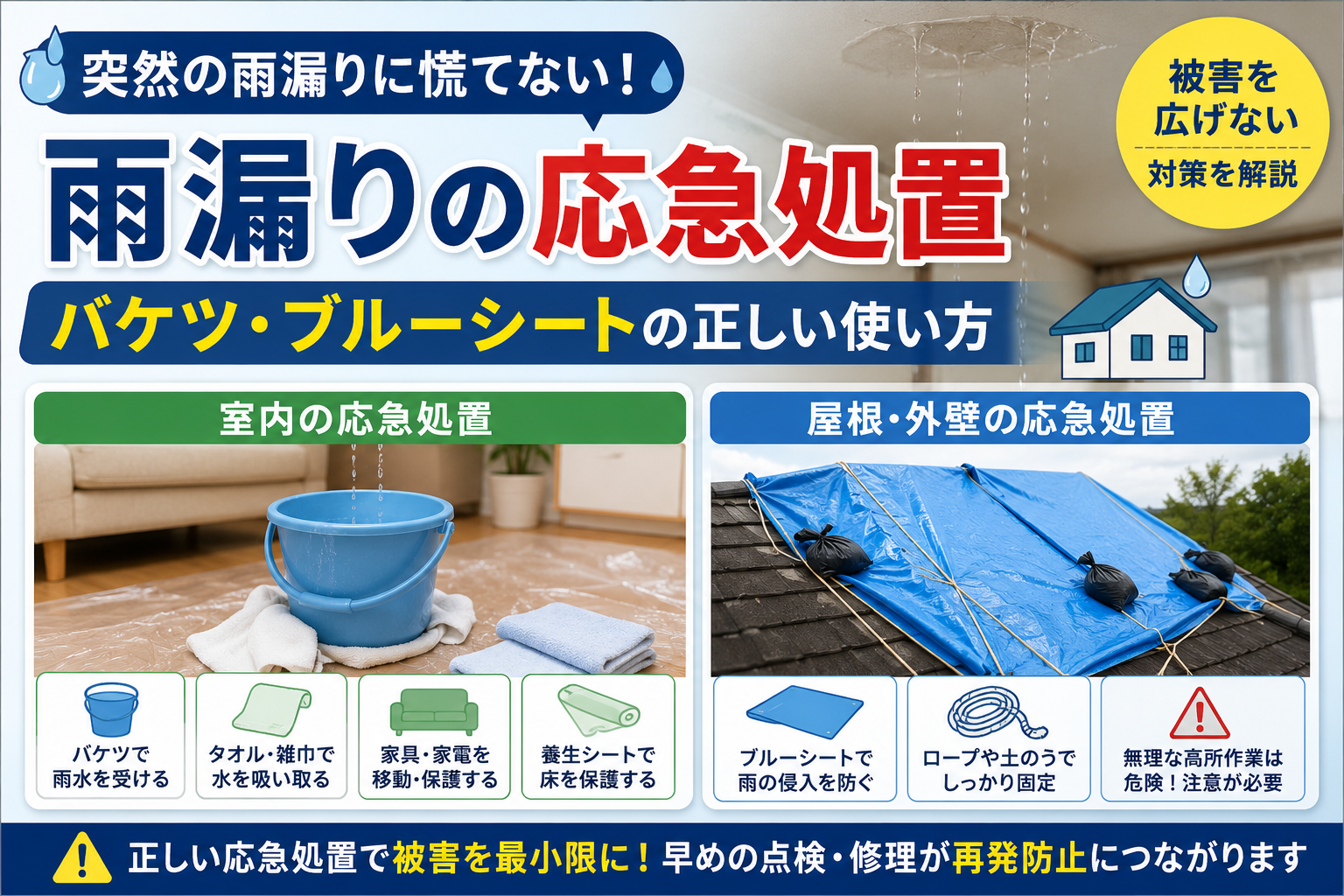 雨漏りの応急処置｜バケツ・ブルーシートの正しい使い方【被害を広げ 